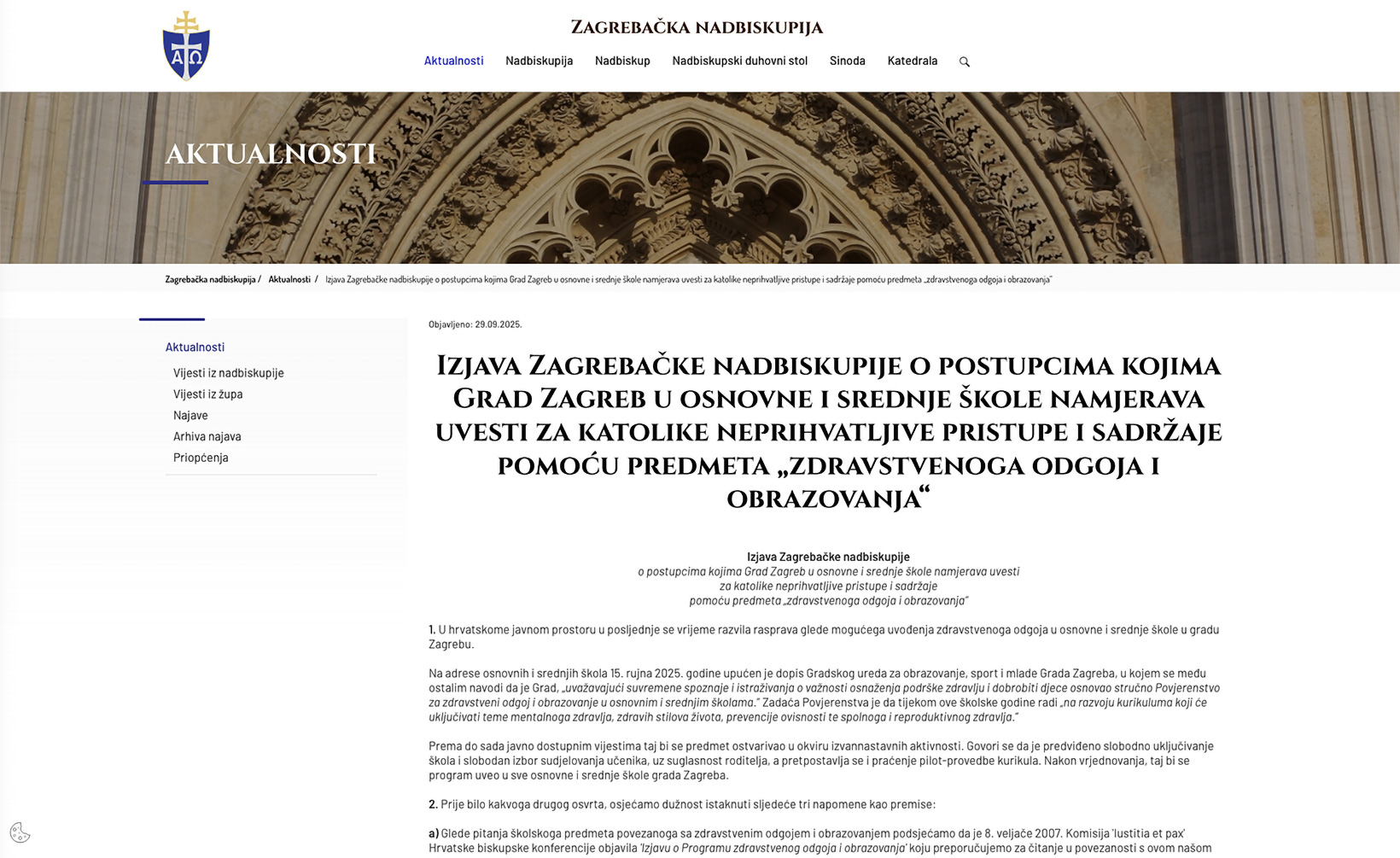 IZJAVA ZAGREBAČKE NADBISKUPIJE o postupcima kojima Grad Zagreb u osnovne i srednje škole namjerava uvesti za katolike neprihvatljive pristupe i sadržaje pomoću predmeta „zdravstven