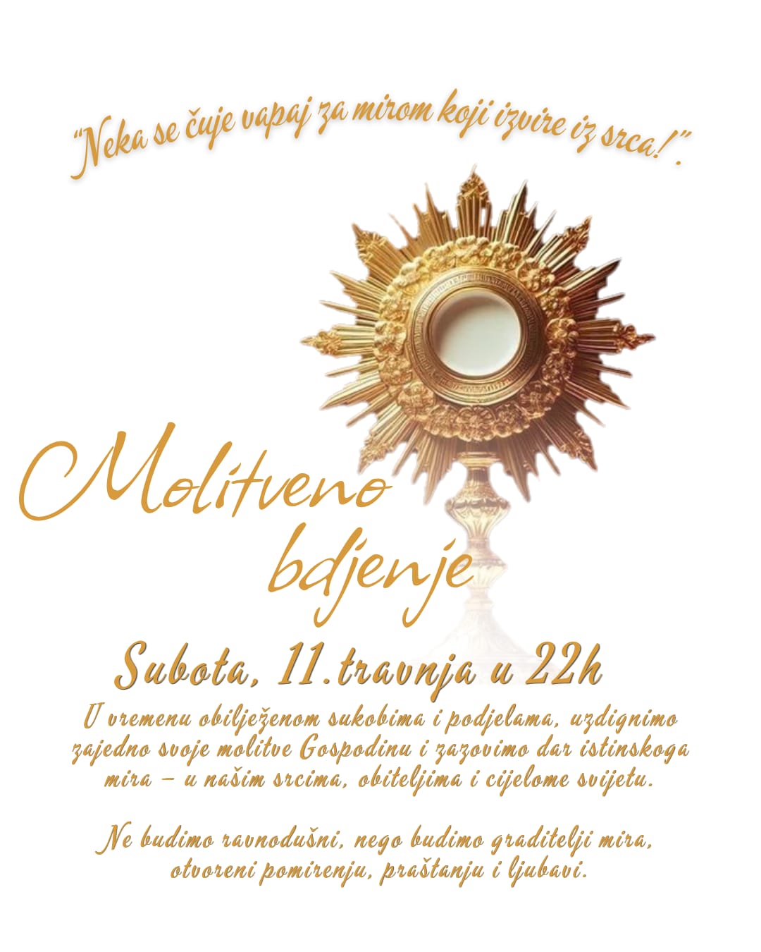 Molitveno bdijenje, subota, 11. travnja u 22h