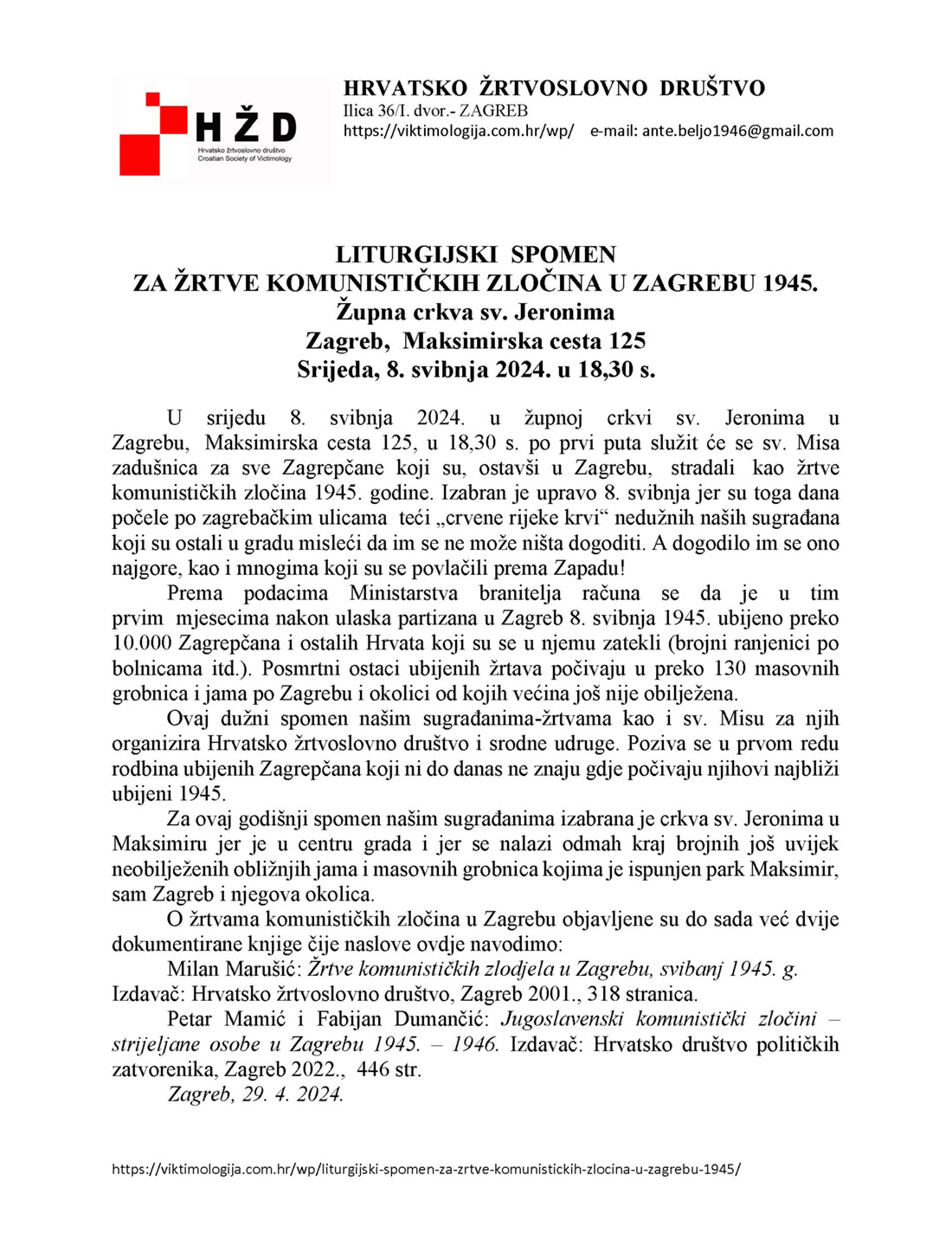 Misa za žrtve komunističkih zločina u Zagrebu, 8.5.2024, 18:30