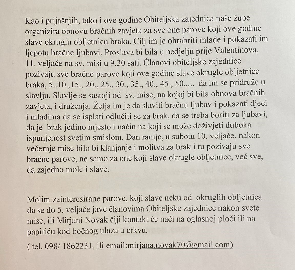 Obiteljska zajednica župe Sv. Jeronima poziva na Proslavu jubilarnih obljetnica braka (5, 10, 15, 20 …)